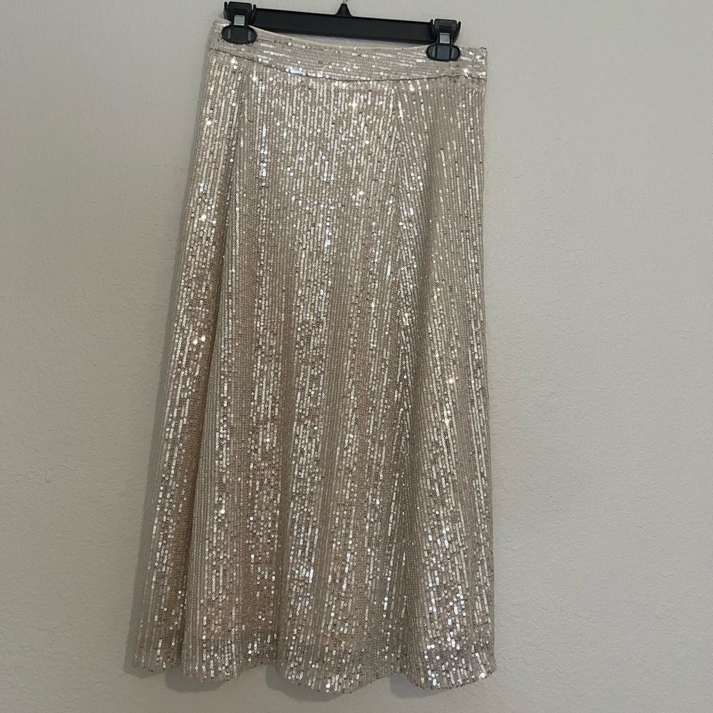 WD•NY cream beige white high waisted sequins midi skirt Carrie Bradshaw …